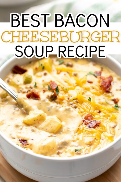 Spoon dipping into a bowl of soup. Extra Creamy Slow Cooker Cheeseburger Soup, Bacon Cheeseburger Soup Stovetop, Bacon Cheeseburger Soup Recipe, Creamy Soup With Ground Beef, Extra Creamy Cheeseburger Soup, Dutch Oven Cheeseburger Soup, Ground Beef And Potato Soup Recipes, Bacon Cheese Burger Soup, Cheese Burger Potato Soup