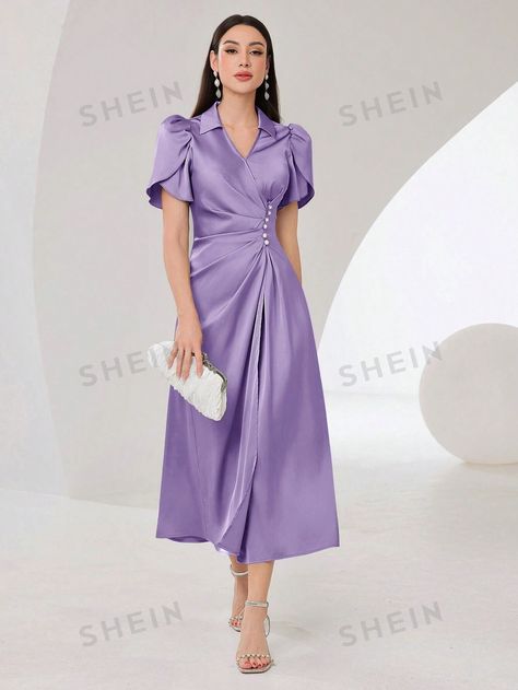 SHEIN Modely Women's Solid Color Petal Sleeve Turn-Down Collar Waist Pleated Dress | SHEIN Lilac Dresses, Petal Sleeve, Lilac Dress, Pleated Dress, Dress P, Lilac, Solid Color, Turn Ons, Collar