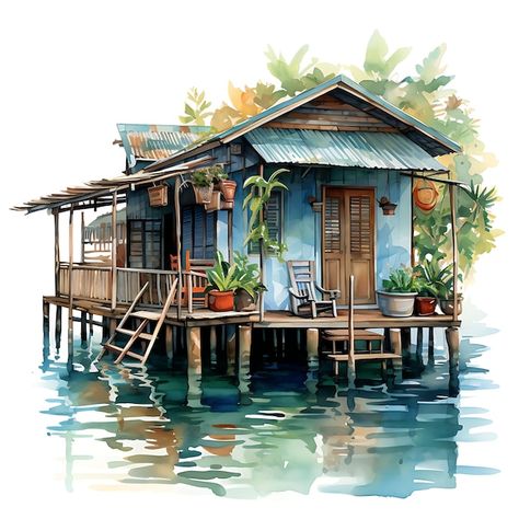 Shack Aesthetic, Hut Painting, Stilt Houses, Apocalypse Aesthetic, Sea Illustration, Popular Paintings, Painting Pictures, Props Art, Architecture Design Drawing