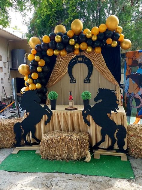 Horses Party Decorations, Cowboy Mexican Theme Party, Black And Gold Western Party, Ranchero Decorations, Bull Riding Birthday Party Decorations, Vaquera Birthday Party Ideas, Tejano Party Theme, Jaripeo Theme Party, Vaquero Theme Party For Men