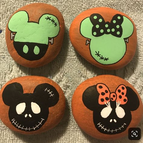 Disney Halloween Painted Rocks, Frankenstein Rock Painting, Halloween Painted Rocks Ideas Easy, Painting Ideas Cat, Halloween Rock Painting Ideas, Halloween Rock Painting, Halloween Painted Rocks, Fall Rocks, Painted Rock Cactus