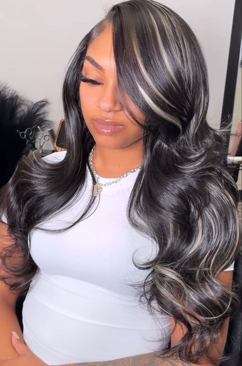 Quick Weave With Grey Highlights, Black N Blonde Highlights, Side Part With Blonde Streaks Weave, Black And White Sew In Weave, Accent Foils Highlights, Sew In Peek A Boo, Black And White Quick Weave, Highlight Color Hair Ideas, Blonde And Black Sew In