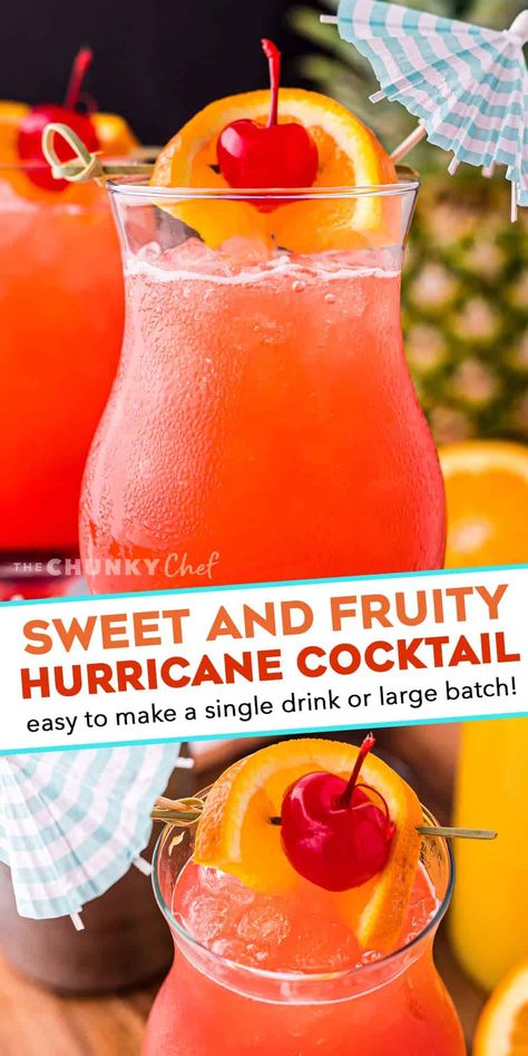 With just one sip, this Hurricane Cocktail will make you feel like you’re on an island vacation! Easy to make just a single drink, or scale it up for a party! #rum #cocktail #drink Rum Drinks Recipes, Cocktails Easy, Fruity Alcohol Drinks, Strong Cocktails, Alcholic Drinks, Summer Drinks Alcohol, Cocktail Drinks Alcoholic, Yummy Alcoholic Drinks, Mixed Drinks Alcohol