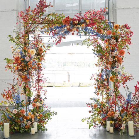 Elaborate Wedding Florals, Floral Arch Colorful, Wedding Arch Colourful, Wedding Flowers On Arch, Unique Arch Wedding, Whimsical Wedding Arbor, Cool Reception Ideas, Fall Color Flowers Wedding, Floral Dance Floor Wedding