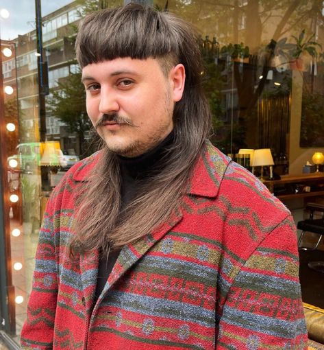 Long mullet on brown hair with bowl cut and pointy moustache by ESHK Hair Barbican in London Traditional Mullet, Mexican Mullet Hair, Center Part Mullet, Bowl Cut Mullet, Weird Mullet, Clean Mullet, 80s Mullet, Mexican Bowl, Long Mullet