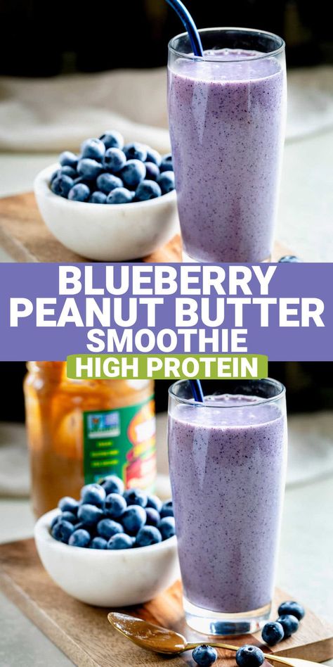 This 5-Minute recipe for Blueberry Peanut Butter Smoothie is going to slide right into your breakfast routine! It has 30 grams of protein, two servings of produce and will keep satiated until lunchtime. The nutty and fruity combination of blueberry and PB tastes like a peanut butter and jelly sandwich in smoothie form! Peanut Butter Avocado Smoothie, Blueberry Banana Peanut Butter Smoothie, Filling Lunch Smoothie Recipes, Smoothie Recipes For Picky Eaters, Best Blueberry Smoothie Recipes, Frozen Blueberry Smoothie Recipe, Healthy Filling Smoothies, Frozen Blueberry Smoothie, Pb Smoothie Recipes