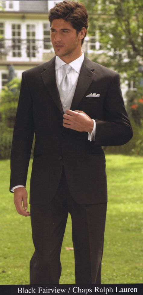 black tux with sliver vest and tie Black Suit Silver Tie Wedding, Black Suit Silver Tie, Silver Tux, Midnight Theme, Gold Wedding Decorations Receptions, Tuxedo Ideas, Black Chaps, Wedding Menswear, Groom Suit Black