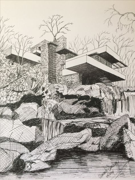 Fallingwater, Frank Lloyd Wright Monochromatic Sketches, Architecture House Drawing, Frank Loyd Wright Sketches, Falling Water Sketch, Falling Water House Drawing, House Drawing Ideas, Frank Lloyd Wright Drawings, Falling Water Frank Lloyd Wright Interior, Frank Lloyd Wright Art