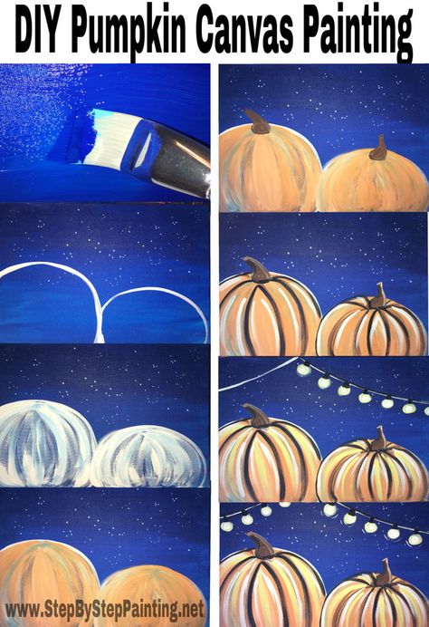 Step by step tutorial for how to paint pumpkins on canvas. How To Paint Pumpkins, Pumpkin Canvas Painting, Paint Pumpkins, Painting Pumpkins, Painting Instructions, Fall Canvas Painting, Pumpkin Canvas, Fall Canvas, Canvas Painting Tutorials