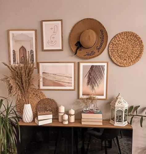 Gallery Wall With Hats, Boho Hats On Wall, Boho Hat Wall, Hat Gallery Wall, Vintage Entryway Table, Bnb Decor, Guest Bedroom Home Office, Wall Hats, Boho Gallery Wall