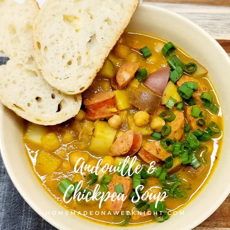 Andouille & Chickpea Soup - Homemade on a Weeknight Andouille Soup, Andouille Sausage Soup, Soup Homemade, Paprika Potatoes, Cajun Dishes, Chickpea Soup, Sausage Soup, Andouille Sausage, Andouille