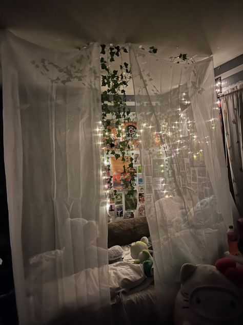 Bed With Fairy Lights Curtains, Canopy Bed Ideas Lights, Beds With Canopy And Lights, Indie Canopy Bed, Room Inspo With Canopy, Cool Canopy Bed Ideas, Canopy Around Bed, Bedroom Ideas For Canopy Beds, Canopy Beds Aesthetic