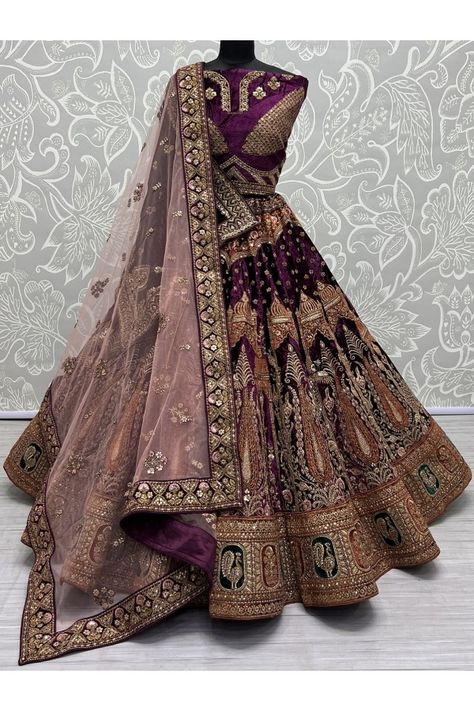 Purple Velvet Heavy Designer Lehenga Set Velvet Lehenga Choli, Latest Bridal Lehenga Designs, Wedding Reception Outfit, Designer Bridal Lehenga Choli, Bridal Lehenga Designs, Latest Bridal Lehenga, Velvet Lehenga, Reception Outfit, Indian Bride Outfits