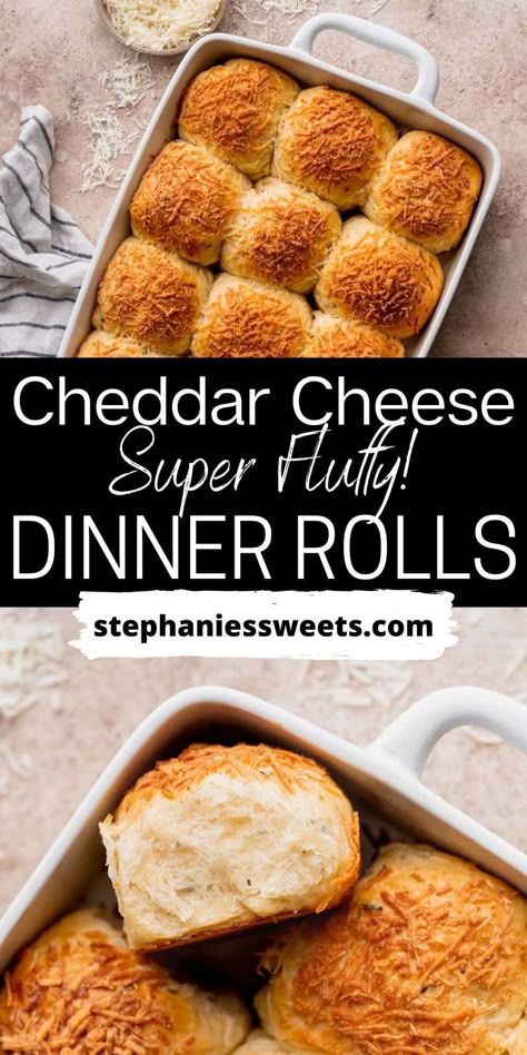 These fluffy cheddar cheese rolls are tall dinner rolls that have a lot of flavor. The dough has garlic and herbs with cheddar cheese mixed in. It is topped with a heaping amount of parmesan cheese. This makes the best holiday dinner side. Holiday Dinner Sides, Cheese Roll Recipe, Cinnamon Roll Cheesecake, Fluffy Dinner Rolls, Cheese Buns, Cheese Rolls, Yeast Breads, Dinner Side, Biscuit Rolls