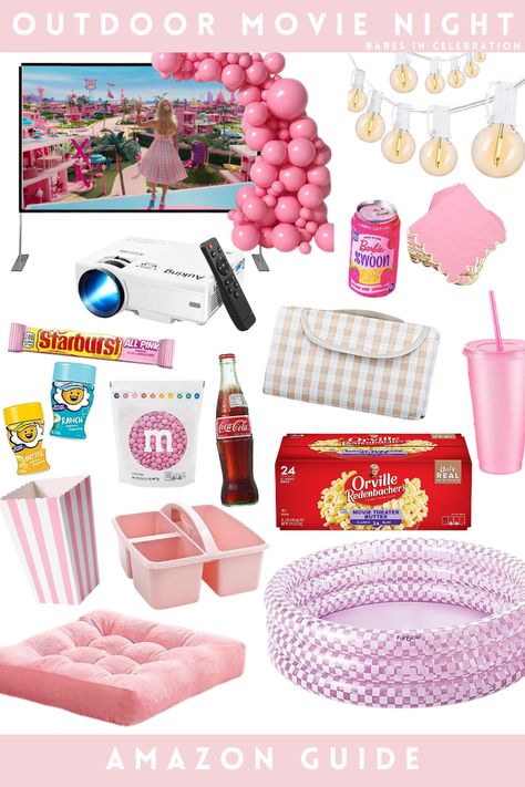 An all pink outdoor movie night sounds like the perfect partner for a Barbie bachelorette or birthday party. From pink candy to pink pillows, here are all the essentials you will need! #amazonaffiliate @ad Pink Movie Party, Pink Movie Night Party, Barbie Movie Night Party, Bachelorette Movie Night, Barbie Party Bags, Diy Outdoor Movie Night, Pink Movie Night, Barbie Movie Night, Bachelorette Movie