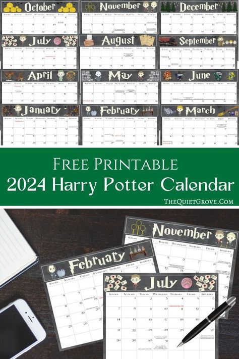 Are you a Harry Potter Fan? Then Enjoy this Free Printable 2024 Harry Potter Illustrated Calendar ready to print and use. #HarryPotter #HarryPotterCalendar #FreePrintableCalendar Harry Potter Illustrated, Harry Potter Calendar, Illustrated Calendar, Harry Potter Printables Free, Harry Potter Classroom, Harry Potter Illustrations, Printable Activities For Kids, Free Printable Calendar, Calendar 2024