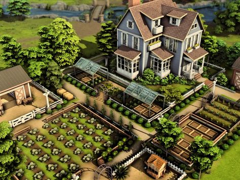 The Sims Resource - Dream Farm (NO CC) Sims 4 Cottage Blueprints, Farm Exterior Design, Sims 4 Cottage Living Farm Layout, Sims 4 Cottage Landscaping, Sims 4 Big Cottage House, Sims Farm Layout, Cottagecore House Floor Plan, Sims 4 Garden Layout, Sims 4 Cc Roof Decoration