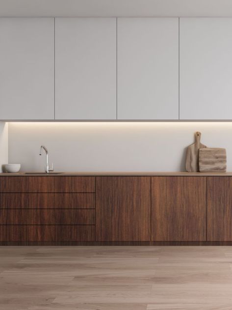 Kitchen Wall Furniture, Wooden Finish Kitchen, Wood Interior Kitchen, Cladded Kitchen, Full Height Cabinet, Grey Splashback, Headboard Shelf, Kitchen Cupboard Colours, Modern Kitchen Cupboards