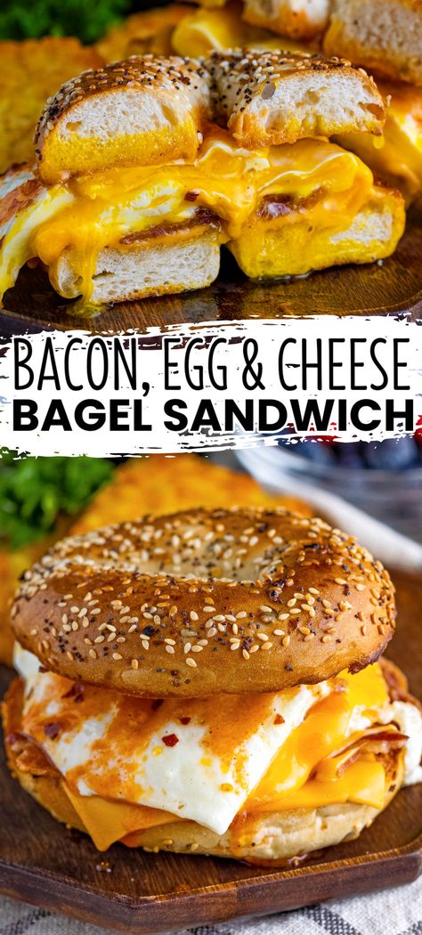 Start your day with a delicious Bacon, Egg & Cheese Bagel Breakfast Sandwich! Pick your bagel and top it with morning favorites and hot sauce! #BreadBoozeBacon #bacon #egg #cheese #bagel #breakfastsandwich #sandwich #breakfast #bunch #backtoschool #grabandgo Turkey Bacon Breakfast Sandwich, Egg Bagel Sandwich, Turkey Bacon Breakfast, Bagel Sandwich Recipes, Bagel Breakfast, Bread Booze Bacon, Bagel Breakfast Sandwich, Bagel Toppings, Egg And Cheese Sandwich