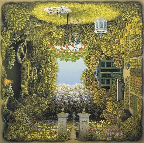 Polish Artist Creates Puzzling Illustrations That Reveal Different Scenes When Rotated | Bored Panda Jacek Yerka, Texture Canvas, Magic Realism, Earth Design, Surrealism Painting, Garden Painting, Romantic Garden, Arte Fantasy, 판타지 아트