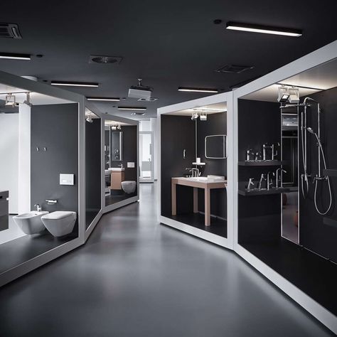 » aquaMART sanitary showroom by FLÓ Architects, Budapest Sanitary Showroom, Showroom Inspiration, Grey Ceiling, Bath Showroom, Bathroom Showrooms, Kitchen Showroom, Tile Showroom, Showroom Interior Design, Bathroom Shop