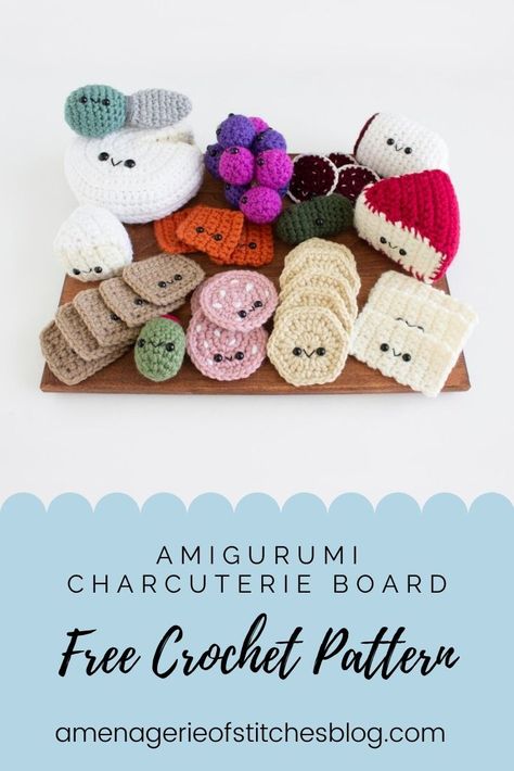 The perfect play set! An amigurumi charcuterie board! This set is a snack lovers dream! Complete with slices of cheese, meats, crackers and grapes, you’ll sure be hungry after seeing this! This is perfect for kiddos who have a play kitchen or just like playing pretend! All these pieces are interactive which makes it great for learning and playing! Cute Crochet Food Patterns, Crochet Pretend Play Free Pattern, Cheese Crochet Pattern, Crochet Food Play Set, Crochet Mac And Cheese, Amigurumi Play Set, Crochet Nachos, Free Food Amigurumi Patterns, Crochet Charcuterie Board