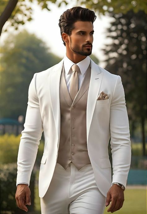 Mens White Tuxedo Wedding, White And Black Wedding Suit, White Tuxedo For Groom, Tuxedo Suit Men Wedding Ideas, Groom In White Suit, Best Wedding Suits For Men, Suit For Men Wedding, Best Wedding Suits, White Wedding Suit