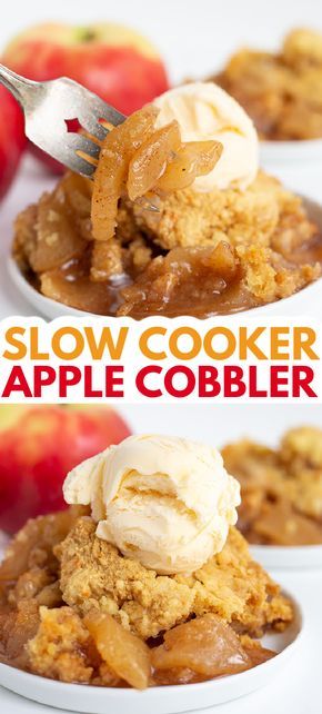 Slow Cooker Apple Cobbler - This Easy Crockpot Apple Cobbler with Cake Mix is out of this world. It's made with fresh apples that are tender and coated with cinnamon and brown sugar. The cobbler topping is a yellow cake mix that has butter drizzled on top of it. This is an apple cobbler recipe that you must-try this fall! #cookiedoughandovenmitt #crockpotdesserts #dessertrecipes #apples #desserts Crockpot Apple Cobbler, Apple Crockpot Recipes, Apple Recipes Crockpot, Apples Desserts, Cobbler Apple, Crockpot Cobbler, Slow Cooker Apple Cobbler, Apple Cobbler Easy, Recipes Using Flour