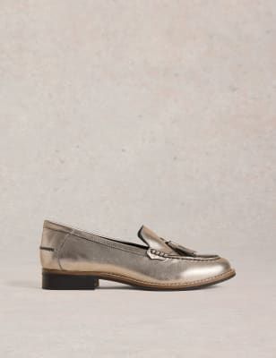 With their metallic finish, these leather loafers from White Stuff are a statement addition to your footwear collection. They're designed in a neat slip-on style, with a flat heel for comfortable all-day wear. Traditional tassels on the toes complete this smart style. Metallic Flats, Flat Loafers, Fancy Dress For Kids, Fancy Dress Accessories, White Stuff, Footwear Collection, Fancy Dress Costumes, Sports Accessories, Elba