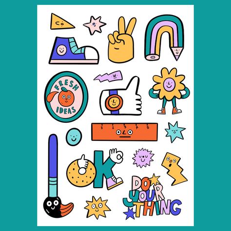 An A5 Vinyl Sticker sheet full of creative pals! Sticker Sheet Design, Moodboard Stickers, Sticker Sheet Ideas, Sticker Set Aesthetic, Good Stickers, Agenda Design, Funky Chicken, Mini Project, Creative Playground