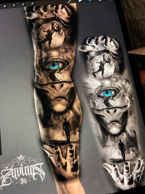 Alien Tattoo Sleeve, Graveyard Tattoo, Pokemon Tattoos, Pokemon World, Vegas Tattoo, Grey Alien, Alien Tattoo, Pokemon Tattoo, Full Sleeve Tattoos