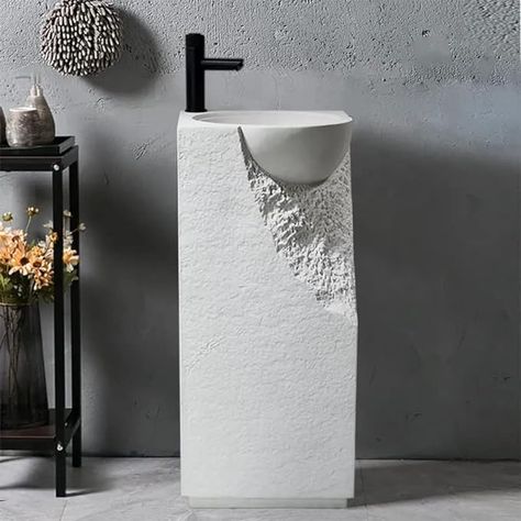 Weibath 34" Pedestal Sink Japandi Tall Stone Resin Freestanding Sink with Rounded Basin in White (White) - Amazon.com Rustic Bathroom Remodel, Stone Bathroom Sink, Lavabo Design, Floating Sink, Japandi Interior Design, Pedestal Bathroom Sink, Turkish Tiles, Stone Bathroom, Basin Design