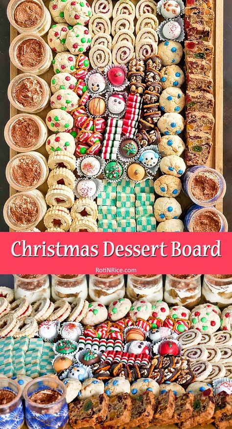 This Christmas Dessert Board is packed with cookies, candies, fruit cake, and cup tiramisu. Some are store bought but most are homemade. | RotiNRice.com #dessertboard #charcuterieboard Cookie Board Christmas, Christmas Dessert Boards, Dessert Charcuterie Board Christmas, Christmas Cookie Charcuterie Board, Christmas Cookie Board, Holiday Dessert Board, Cup Tiramisu, Christmas Dessert Board, Christmas Dessert Charcuterie Board