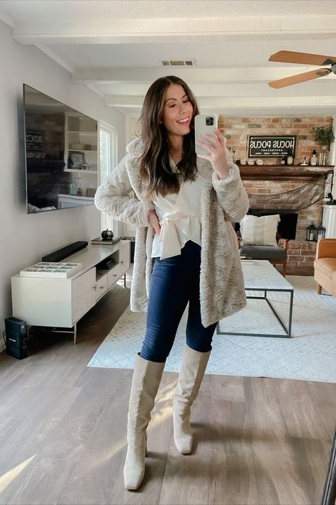 winter knee high boots White Tall Boots With Jeans, Tall Knee High Boots Outfit, Cream High Boots Outfit, Tall White Boots Outfit Winter, Knee High Cream Boots Outfit, Cream Tall Boots Outfit, Tall Cream Boots Outfit, Tall Boots Outfit 2024, Beige Knee High Boots Outfit