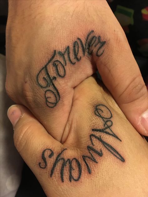 Couples Handwriting Tattoos, Married Couple Hand Tattoos, Couple Tats Small, His And Her Hand Tattoos, Matching Tattoos Couples Names, Forever Always Tattoo Couple, Boyfriend Gets Girlfriend Name Tatted, Tattoo Ideas For Relationships, Tattoo Ideas For Boyfriend And Girlfriend