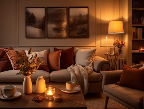 Neutral And Rust Living Room, Dark Beige Sofa Living Room Ideas, Brown And Rust Living Room Decor, Burnt Orange Sitting Room, Brown Colour Scheme Living Room, Brown And Burnt Orange Living Room, Butterscotch Walls Living Room, Cosy Earthy Living Room, Neutral And Orange Living Room