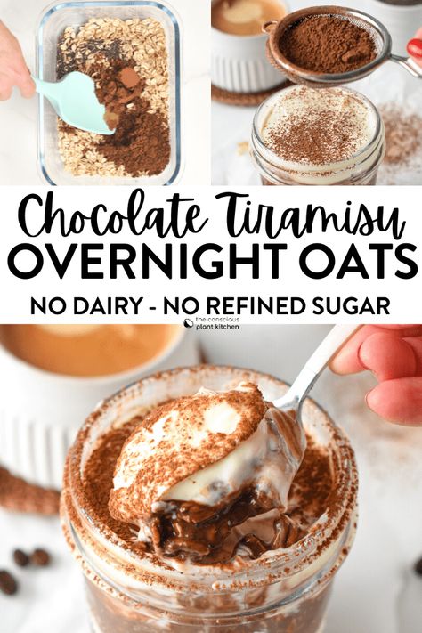 This Tiramisu Overnight Oats is a creamy chocolate overnight night with a touch of coffee and yogurt vanilla cream layers. It taste like your favorite Tiramisu dessert but much healthier, full of fiber and plant-based proteins from oats. Chocolate Coffee Overnight Oats, Actually Good Overnight Oats, Pumpkin Chocolate Overnight Oats, Tiramisu Recipe Healthy, No Bake Overnight Oats, Oat Recipes Dessert, Chocolate Cheesecake Overnight Oats, Vegan Over Night Oats, Desert Overnight Oats