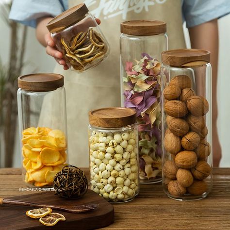 1.91US $ 92% OFF|Wood Lid Glass Airtight Canister Kitchen Storage Bottles Jars Food Container Grains Tea Coffee Beans Grains Candy Jar Containers| |   - AliExpress Glass Jars Kitchen, Storage For Kitchen, Airtight Storage, Jar Storage, Glass Storage Jars, Spice Organization, Candy Jar, Food Jar, Kitchen Canisters