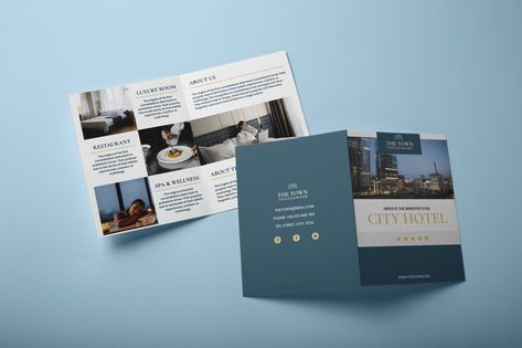 Brochure For Hotel, Bifold Brochure Design Inspiration, Bi Fold Brochure Design, Double Gate Fold Brochure, Brochure Design Ideas, Church Invitation, Hotel Bifold Brochure, Free Brochure Template, Trifold Brochure Template