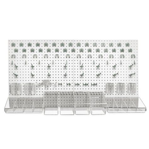 White Pegboard, Metal Pegboard, Pegboard Organization, Pegboard Accessories, Work Bench, Craft Room Storage, Slat Wall, Craft Room Organization, Wall Organization