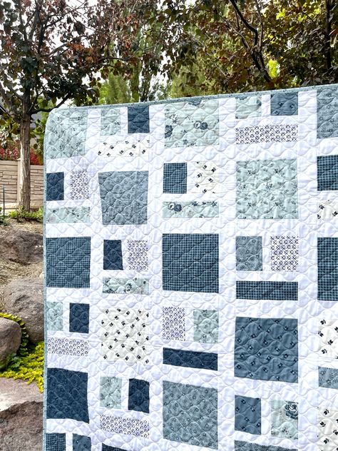 Around the Block Quilt in Blues Quilt Patterns In Blues, Indigo Quilts Blue And White, Serenity Quilt Pattern, Quilts With Blue Background, Monotone Quilt Patterns, Around The Block Quilt Pattern, Blue And White Quilt Patterns Free, Quilts For Guys, Simple Squares Quilt