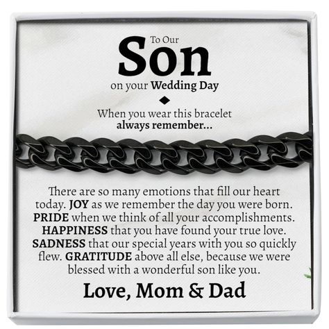 PRICES MAY VARY. Wedding Gift for Son: Make your handsome son feel special by giving him this stainless steel bracelet from his parents on his wedding day - this bracelet looks good for work or play, and it has just enough weight to really provide a masculine punch to any man's style. Son Wedding Gift: This special gift for your son includes a card that reads "To Our Son on your Wedding Day - When you wear this bracelet always remember... There are so many emotions that fill my heart today. JOY Son Getting Married, Wedding Gift For Son, Son On His Wedding Day, Sentimental Wedding Gifts, Sentimental Wedding, Groom Gifts, Cuban Link Bracelet, Small Gift Boxes, Son Gift