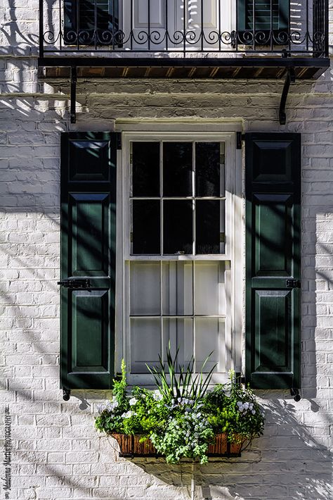 Cottage Days and Journeys: Photo of the Week - Charleston Green Shutters and Window Box Exterior Green Paint Colors, House Window Boxes, Exterior Green Paint, Green Window Box, Shutter Paint Colors, Painted Brick Ranch, American Shutters, Charleston Green, Brick Ranch Houses