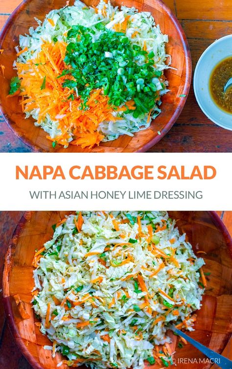 Healthy and easy Napa Cabbage Salad recipe with Honey Lime Dressing. Napa cabbage is also known as Wombok cabbage or Chinese cabbage. This cabbage recipe is gluten-free, paleo-friendly and nutritious. Napa Recipes, Asian Slaw Salad, Napa Salad, Salad With Honey Lime Dressing, Napa Cabbage Recipes, Napa Cabbage Slaw, Napa Cabbage Salad, Cabbage Slaw Recipes, Honey Lime Dressing