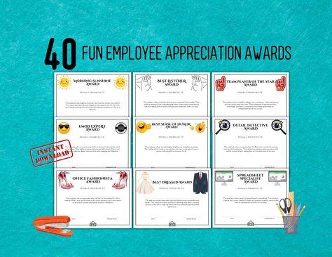 Fun Employee Appreciation Printable Awards, Fun Employee Recognition Award For Work, Funny Office Awards Printable, Office Appreciation Gift by JaneLaneDesigns on Etsy Creative Employee Awards, Funny Office Awards Employee Recognition, Fun Employee Awards, Office Awards Employee Recognition Fun, Fun Awards For Employees, Funny Office Awards, Funny Employee Awards, Office Appreciation Gifts, Employee Appreciation Awards