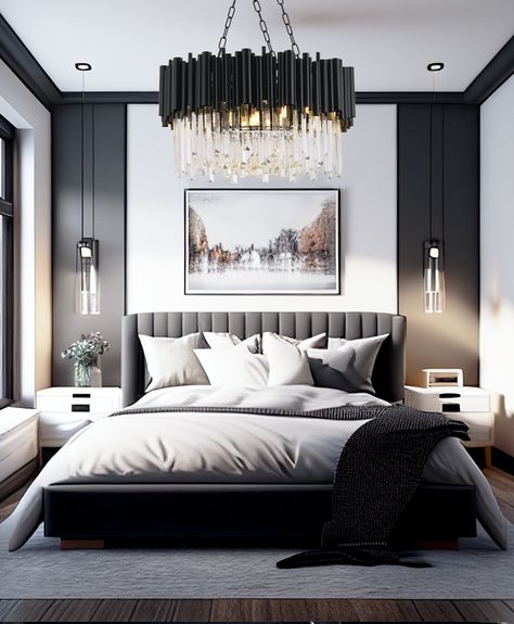 Woman's Bedroom, Mod Lighting, Angled Ceilings, Art Deco Bedroom, Deco Bedroom, Modern Crystal Chandelier, Fine Living, Grey Bedroom, Up House