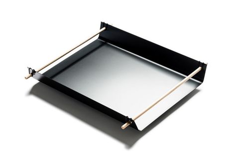 The minimalist tray uses ash wood handles that are secured by simple rubber bands King Crown Drawing, Bar Console, Trendy Lighting, Elegant Tray, Pvc Pipe Crafts, Paper Tray, Metal Tray, Wood Handles, Metal Trays