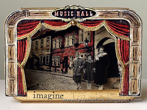 Layers of ink - Music Hall Shadow Box Tutorial. Made with Darkroom Door stamps, Eileen Hull's Sizzix die and Ranger inks. Shadow Box Kunst, Arte Pop Up, Libros Pop-up, Paper Theatre, Toy Theatre, Vitrine Miniature, Altered Tins, Box Tutorial, Shadow Box Art