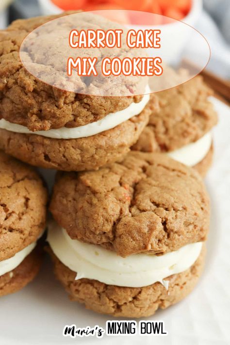 These Carrot Cake Mix Cookies are soft, chewy, and so simple to make. You will love these delicious cookies! Carrot Cake Mix Cookies, Whipped Cream Cheese Frosting, Carrot Cake Cookies, Delicious Cookies, Sweet Cream, Whoopie Pies, Cake Mix Cookies, Sandwich Cookies, Oatmeal Cookies