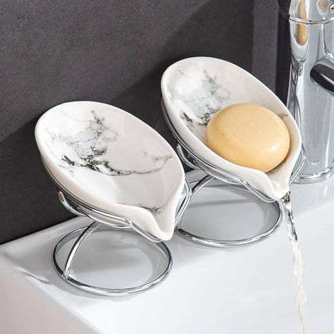 Amazon.com: Dobbyby Leaf-Shaped Soap Dish – Ceramic Soap Bar Holder with Self-Drainage System – Bar Soap Holder for Shower, Bathroom Sink, Kitchen – Soap Dish with Stainless Steel Stand (WHITE-GOLD-2 PACK) : Home & Kitchen Soap Bar Holder, Pumice Stones, Bar Soap Holder, Intuitive Design, Sink Kitchen, Shower Bathroom, Shower Soap, Ceramic Soap Dish, Kitchen Soap